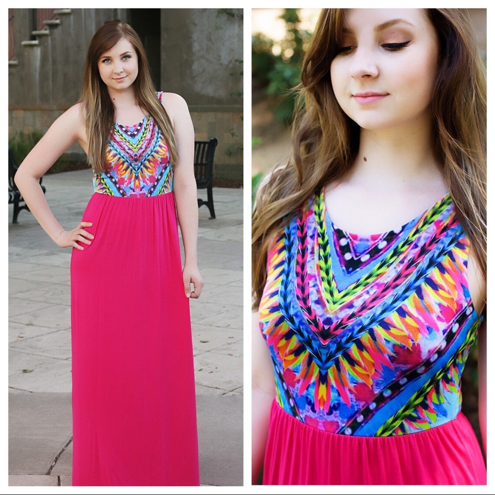 Fuchsia Pink Maxi Dress w/ Multi-color Tribal Top